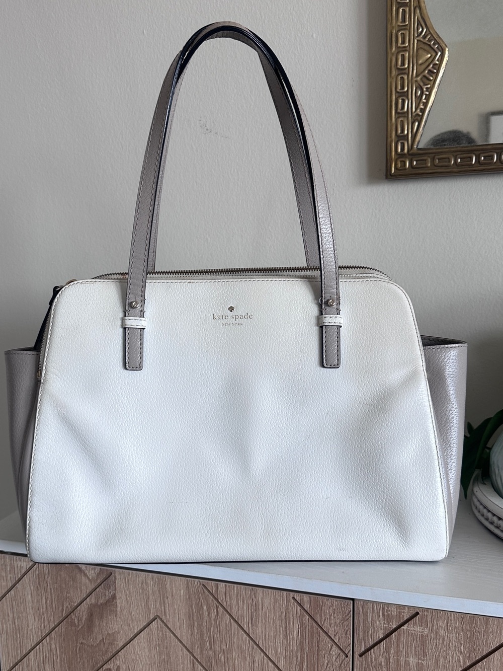 Kate Spade Grand Street Lydia Colorblock Leather Tote Beige Taupe Large Work Bag